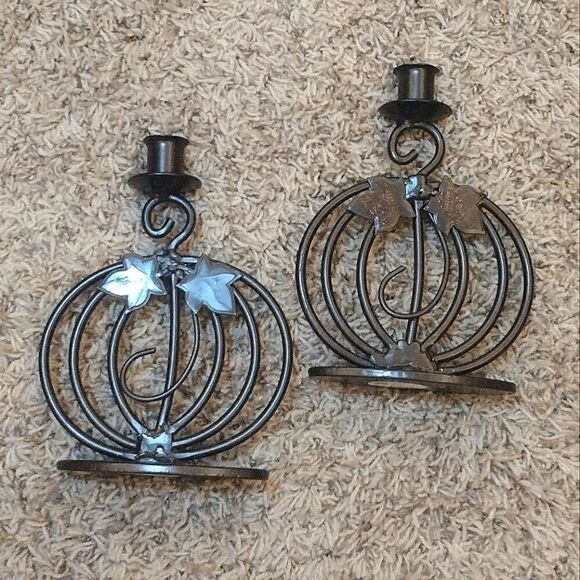 Set of Two Wrought Iron Fall Pumpkin Candle Holders Metal Home Decor - Picture 1 of 16